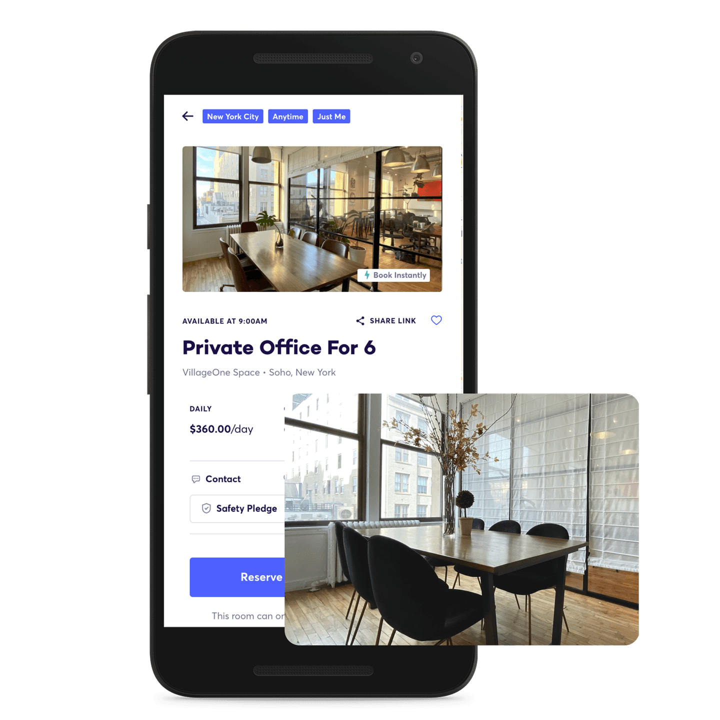 The Deskpass app on a mobile device overlaying a space image.