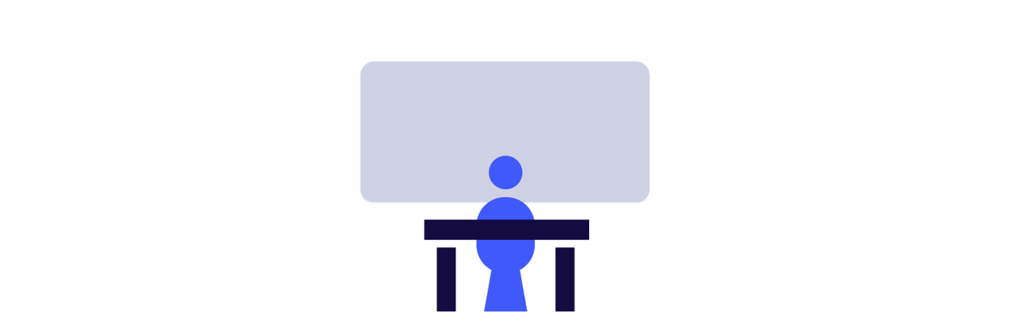 An icon representing a single person on a desk looking at a large screen on the wall.