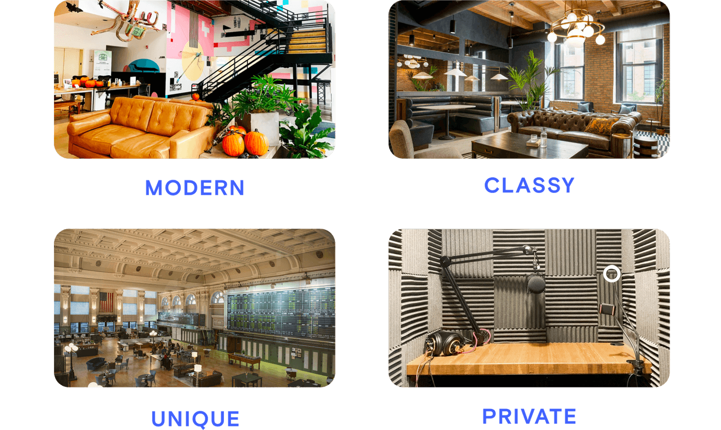 Four internal space photos demonstrating four space style preferences: Modern, Classy, Unique and Private.
