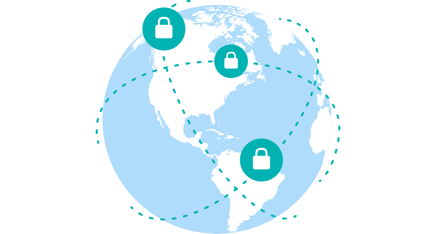 An illustration of a globe with interconnecting locks, demonstrating secure networks and reliable connectivity for all Deskpass spaces.