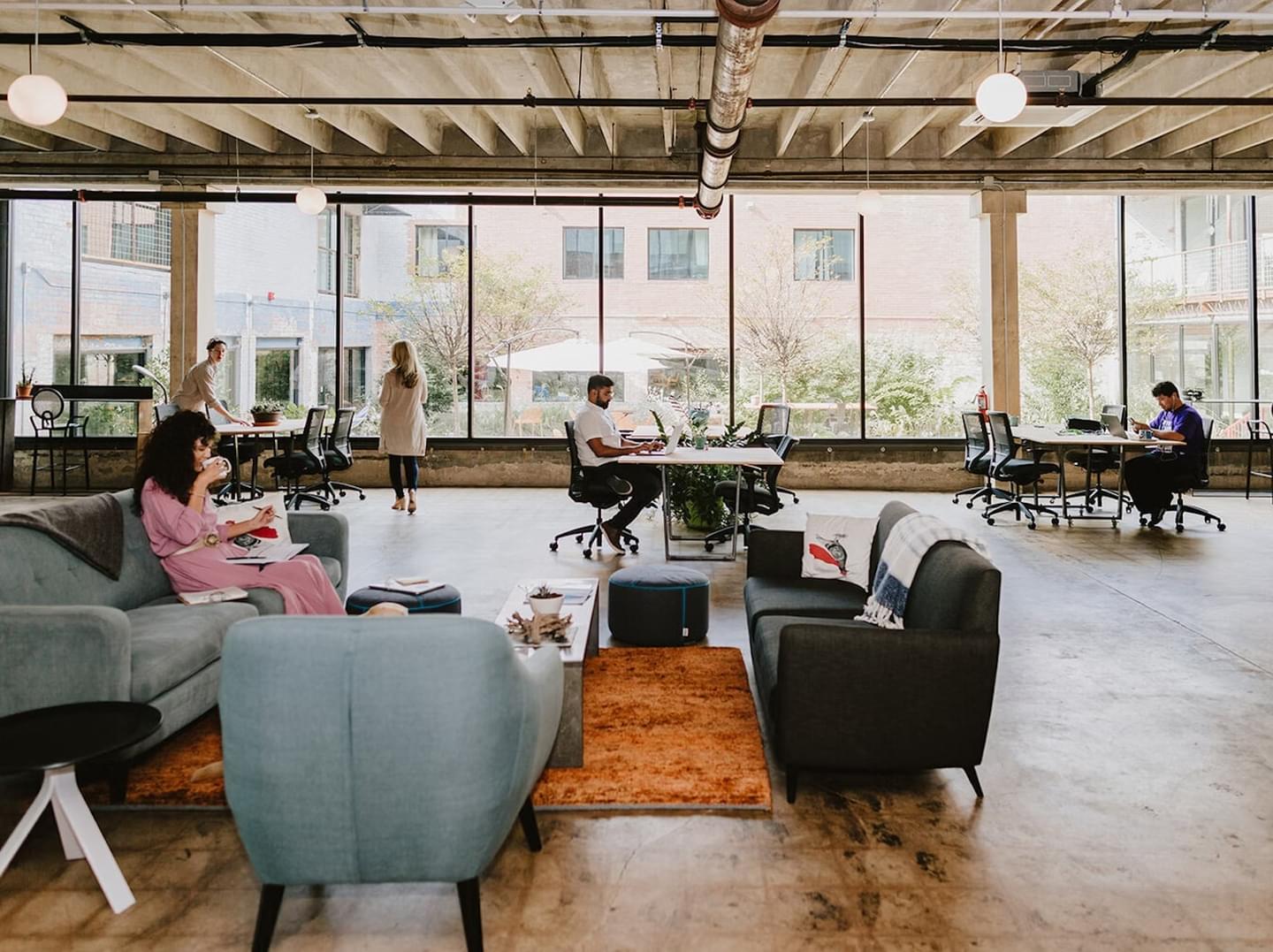 Interior shot of a lounge in a co-working space.