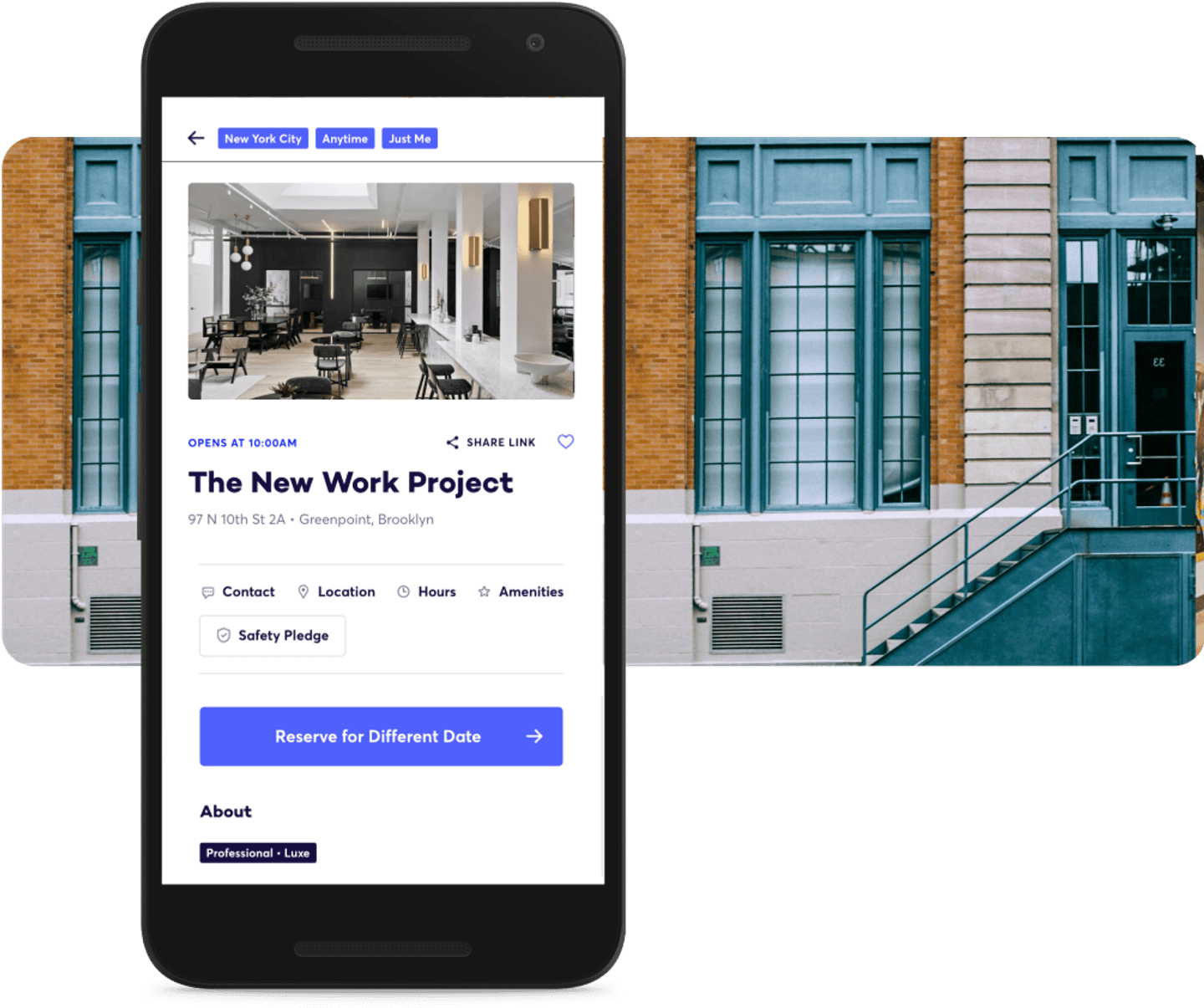 A mobile screenshot of the Deskpass app overlaying a generic shot of a front of a workspace.