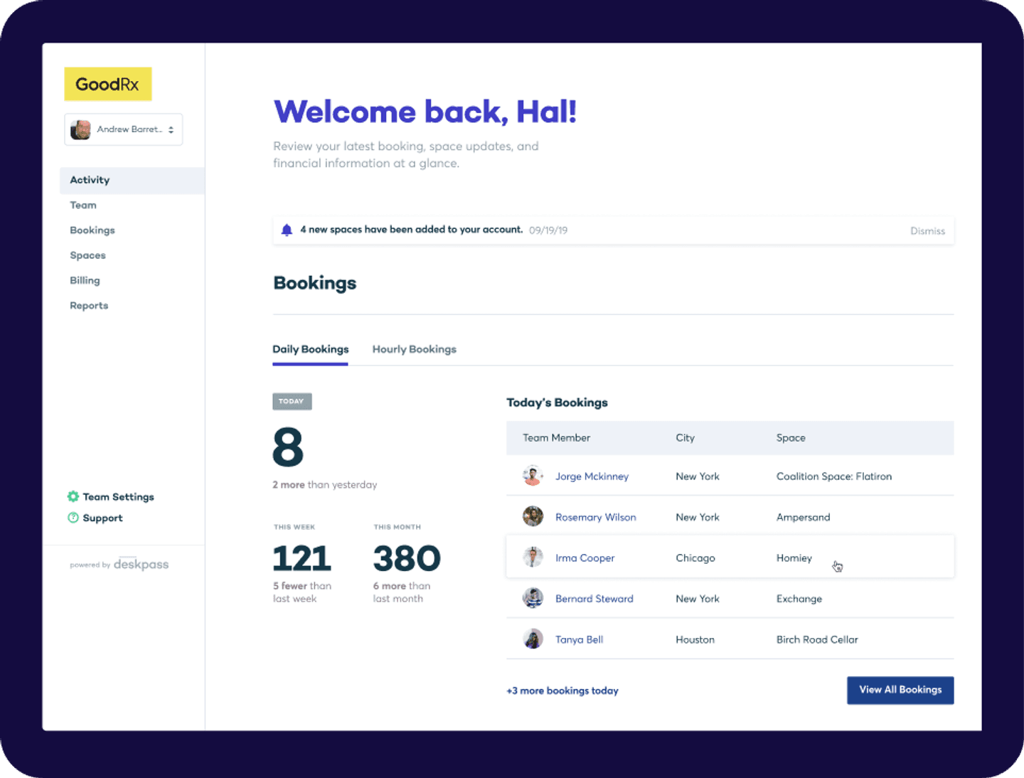 A Deskpass Teams screenshot showing the welcome screen.