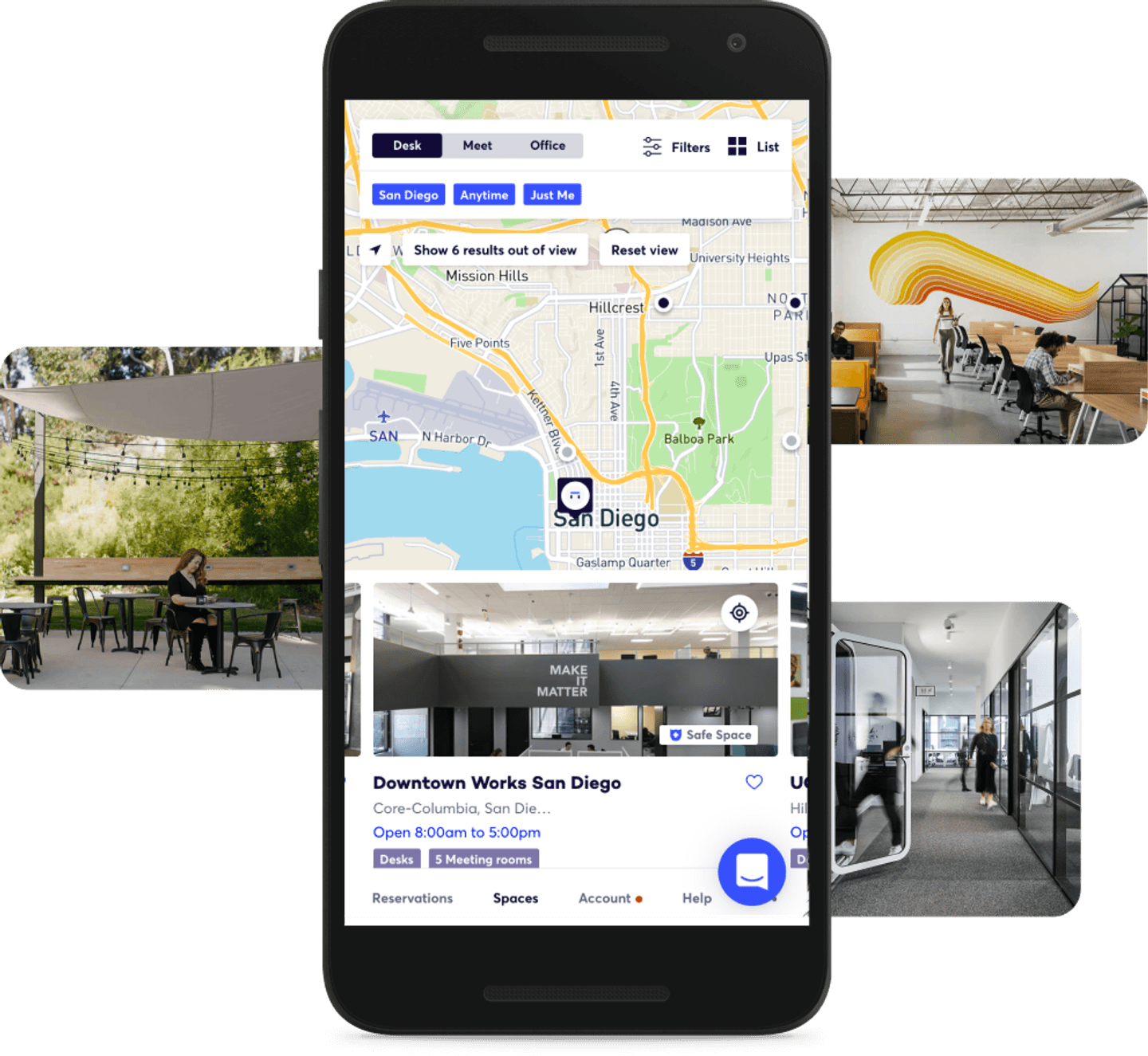 A screenshot of the mobile Deskpass app overlaying three images of suggested workspaces.