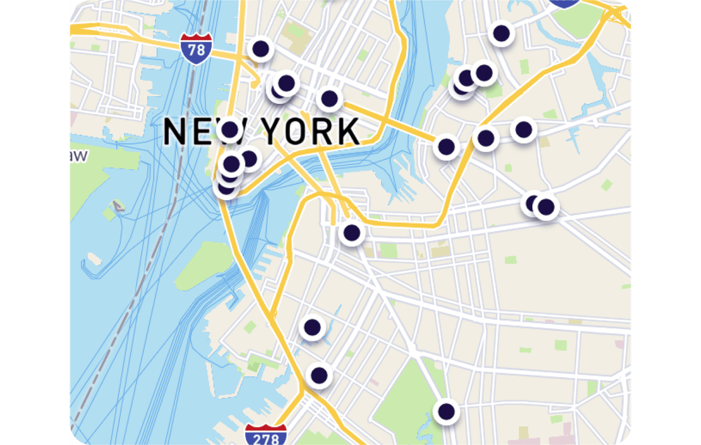 A screen capture from the Deskpass app, showing the locations of multiple spaces on a map of New York.