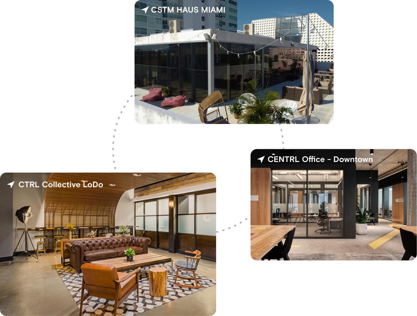 Three photos of spaces that appear in Deskpass.