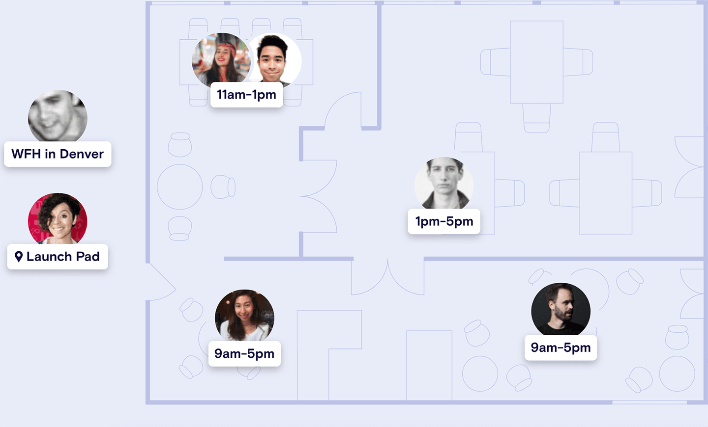 An illustration of the outline of an office space, overlayed with icons of people's faces. Each icon shows the location of each person.