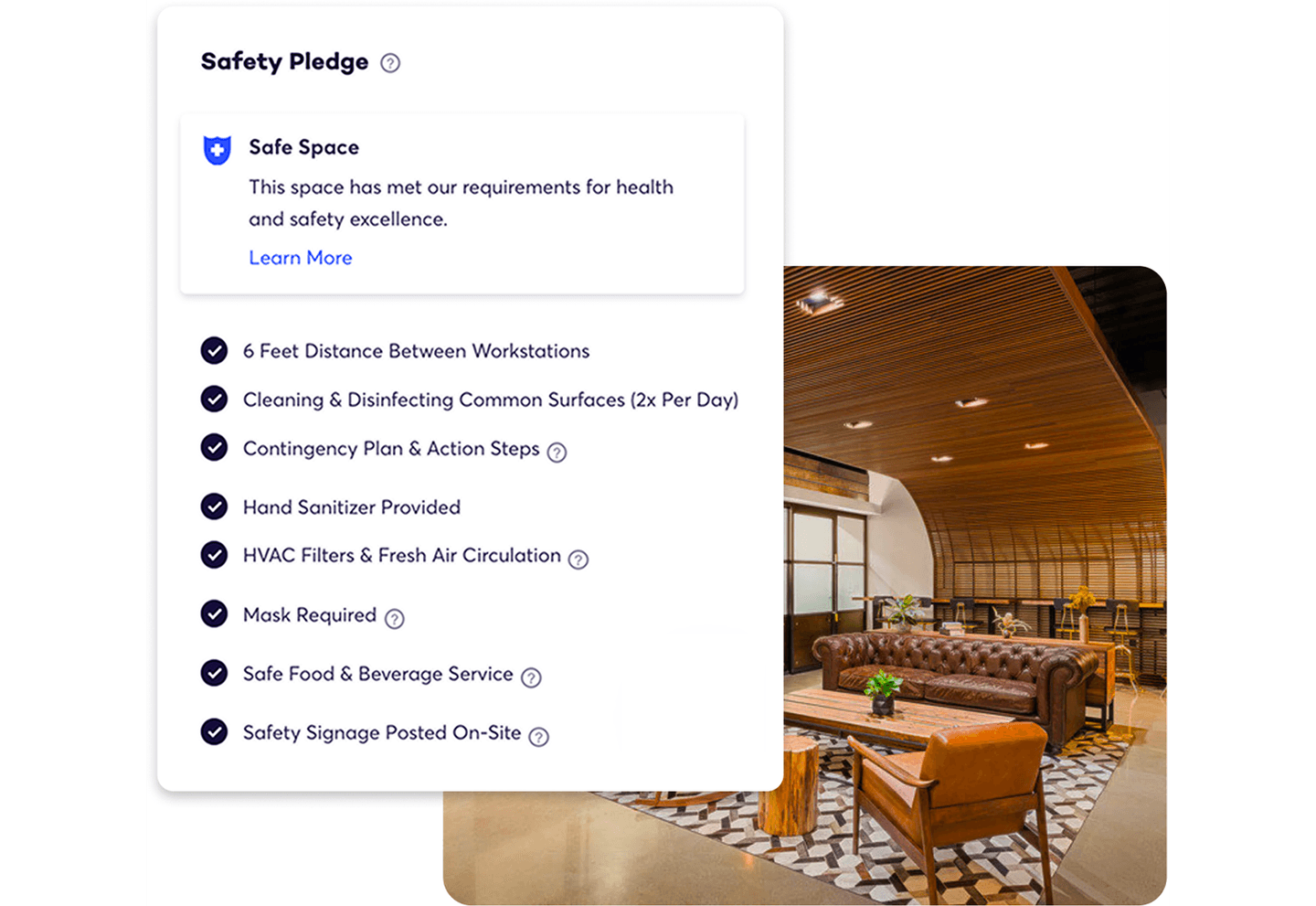 An interior shot of a coworking space, with an overlay of the Safety Pledge section of the Deskpass app showing a list of safety features for this space.